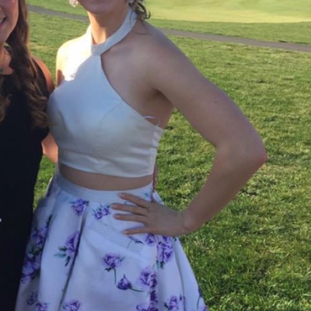 White and purple beaded satin two piece dress